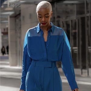 The Drop Women's Blue Sapphire Button Up Shirt with Organza Yoke Limted Edition